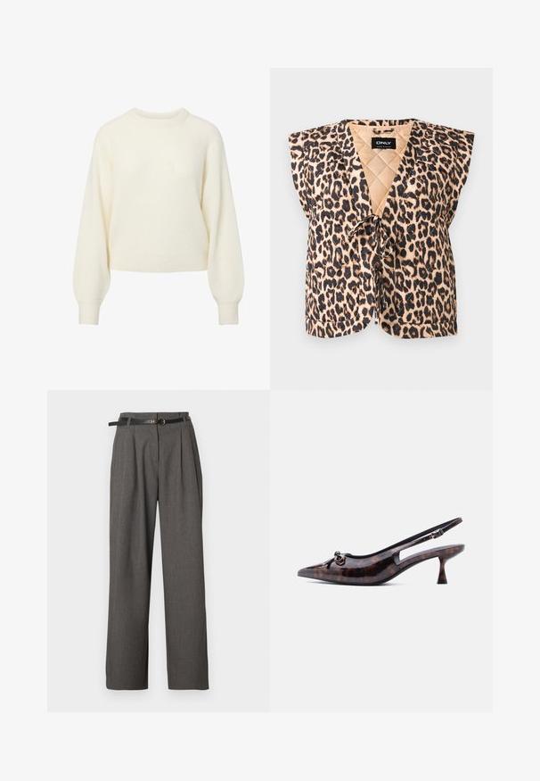 Chaleco sin mangas acolchado con estampado de leopardo, escote en V y cierres frontales con lazo en tonos beige, marrón y negro.; Suéter de punto de manga larga color crema con cuello redondo acanalado, puños y dobladillo.; Pantalones de vestir grises de talle alto con pliegues y bolsillos laterales, combinados con un cinturón negro fino con hebilla redonda dorada.; Zapato de tacón bajo (kitten heel) con punta puntiaguda y talón descubierto, con patrón de carey y un pequeño nudo decorativo en la parte delantera.