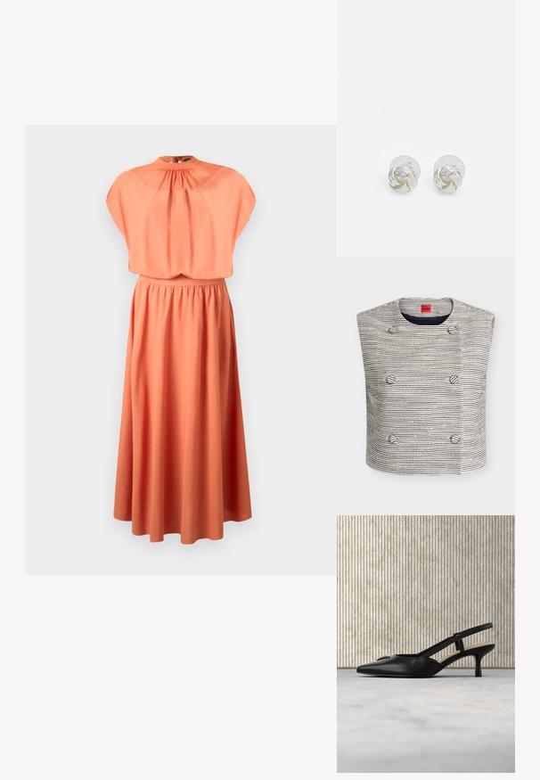 Veste sans manches tissée à rayures horizontales noires et blanches, devant croisé avec six boutons ronds et encolure ronde.; Robe corail orange sans manches avec un col montant froncé, une taille cintrée et une jupe mi-longue fluide sur un fond uni.; Chaussure noire à talon kitten slingback avec bout pointu et détail de logo en métal, flottant près d'une surface réfléchissante et d'un porte-documents métallique avec des papiers.; Boucles d'oreilles en argent avec un design en nœud torsadé, finition polie et à l'arrière transparent.