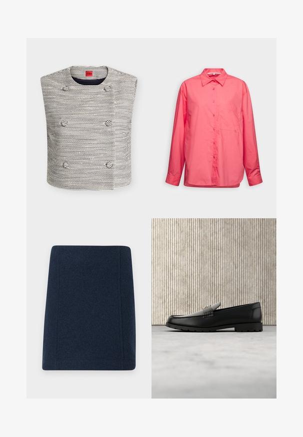 Ærmeløs vævet vest med sorte og hvide horisontale striber, dobbeltradet front med seks runde knapper og rund halsudskæring.; Second Female ALULIN NEW - Skjortebluser - camellia rose; Marine uld mini nederdel med en lige form, flade sømme og en glat tekstur. Ingen synlige mønstre eller udsmykninger.; Sorte læder loafers med en hævet søm, guld accentlogo og tekstureret rem. Har en tykk, holdbar gummisål.