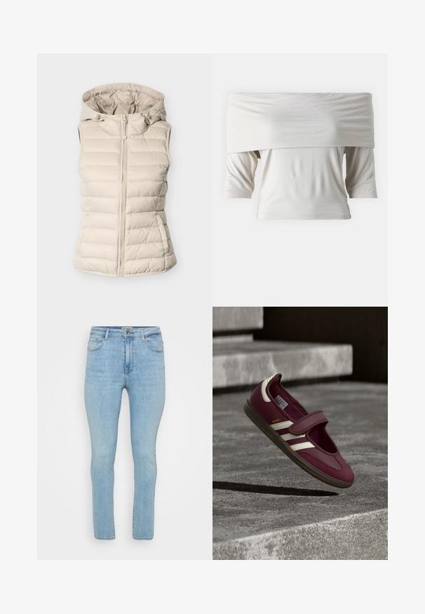 Beige dunvest med tætsiddende design, vandret quiltning og aftagelig hætte. Har en frontlynlås og glat, tekstureret stof.; Off-the-shoulder hvid bluse med korte ærmer, lavet af blødt stof. Har en løs pasform og glat tekstur, med et minimalistisk design.; Lyseblå denimjeans med slim fit, der har fem lommer, bæltestropper og en standard lynlås med knaplukning.; Vinrød sportssko med en rem, hvide sidelister, tekstureret gummisål og et glat øverste materiale. Justerbar pasform med polstret inderside.