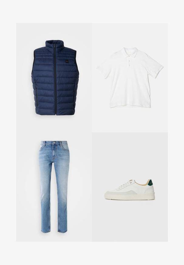 Tumesinine puffer vest kõrge kraega, kvestud tekstuuriga, ees tõmblukuga ja kahe küljetaskuga. Omab väikest brändi logo.; rag & bone CLASSIC FLAME - Polosärk - white; Heledad sinine teksariie otse jalgadega disainiga, klassikalise viie tasku paigutusega ja hõbedast viimistlusega vöökoht.; Valged tennisjalanõud, millel on sametised aktsendid, ümar varvas, lame nöörid ja kreemjas kummine põhja. Hästi nähtav roheline bränding kannal.