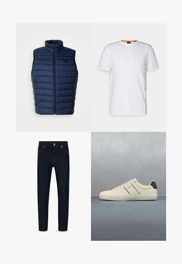 Navyblauwe puffervest met hoge kraag, gewatteerde textuur, ritssluiting aan de voorkant en twee zijzakken. Beschikt over een klein merklogo.; Witte katoenen T-shirt met ronde hals, korte mouwen en een subtiel reliëflogo op de borst. Het binnenlabel heeft een oranje accent.; Donkerblauwe denim jeans met een slim fit, contrasterende oranje stiksels en een klassieke knoopsluiting. Voorzien van voorkruiden en taps toelopende benen.; Crème-kleurige sneakers met een gladde textuur, voorzien van zwarte accenten en branding. Tijdloos vetersysteem met een ronde neus en rubberen zool.