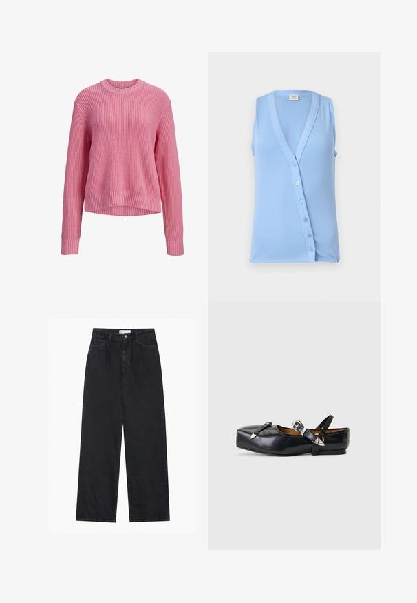 Lys blå ærmeløs top med V-udskæring og knaplukning, fremhævet af ribbet tekstur og en tætsiddende pasform. Blødt stof og subtile detaljer.; Pink strikket langærmet sweater med rund hals, ribstrikkede manchetter og kant, med en lidt længere ryg.; Sorte højtaljede bredbenede denimjeans med frontknap og lynlås, bæltestropper og fem-lomme stil.; Sort læderflat sko med firkantet tå, to sølvspænderemme og en lav hæl på en lysegrå baggrund.