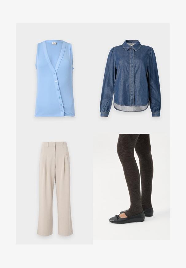 Lys blå ærmeløs top med V-udskæring og knaplukning, fremhævet af ribbet tekstur og en tætsiddende pasform. Blødt stof og subtile detaljer.; Mørkeblå denimskjorte med krave, knaplukning fortil, lange puffede ærmer og rundet kant, der har kontrastsyninger.; Beige viddebukser med høj talje, der har frontfolder, en glat tekstur og en skræddersyet design. Ingen synlige lommer eller udsmykninger.; Ben iført mørke ribbede leggings kombineret med sorte balletsko med små sløjfedetaljer på hvid baggrund.