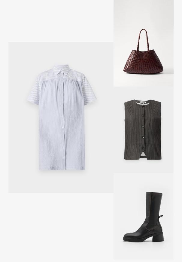 Mouwloos donker vest met verticale streepjes, voorzien van vijf knopen aan de voorkant, een ronde halslijn en een gladde stof met een subtiele glans.; PS Paul Smith WOMENS DRESS - Blousejurk - blue; MIISTA FABI - Plateaulaarzen - black; DRAGON DIFFUSION SANTA CROCE BIG - Handtas - bruciato
