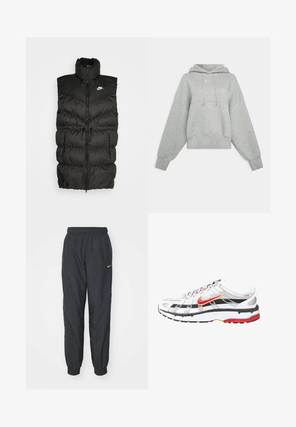 Schwarze Steppweste mit hohem Kragen, Reißverschluss und einem kontrastierenden karierten unteren Abschnitt. Nike-Logo auf der oberen linken Seite. Texturiertes Material.; Graue, verkürzte Kapuzenjacke aus weichem Stoff. Sie verfügt über eine verstellbare Kapuze mit Zugband, weite Ärmel und ein kleines Logo auf der Vorderseite.; Schwarze Nike Jogginghosen aus leichtem Material, mit elastischem Bund und Bündchen, versehen mit einem kleinen weißen Logo am linken Bein.; Weiße und schwarze Sportschuhe mit roten und goldenen Akzenten. Sie besitzen ein Obermaterial aus Mesh, eine gepolsterte Sohle und ein sicheres Schnürdesign.