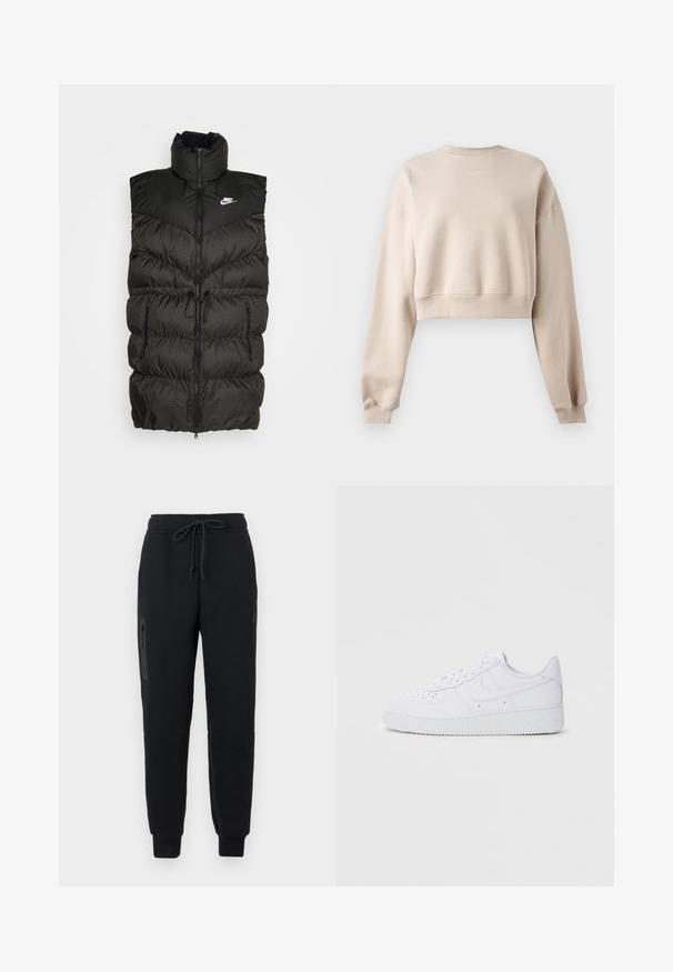 Schwarze Steppweste mit hohem Kragen, Reißverschluss und einem kontrastierenden karierten unteren Abschnitt. Nike-Logo auf der oberen linken Seite. Texturiertes Material.; Beiger kurz geschnittener Sweatshirt mit langen Ärmeln, Rundhalsausschnitt und kleinem weißen Nike-Logo zentriert unter dem Kragen.; Schwarze Sweatpants mit einem Kordelzugbund, seitlichem Reißverschlusstaschen und schmal zulaufenden Säumen. Hergestellt aus weichem, strukturiertem Stoff.; Weiße Nike Air Force 1 Sneaker mit Obermaterial aus Leder, runder Zehenpartie, schnürbarer Verschluss, gepolsterter Kragen und strukturiertem Gummisohle.