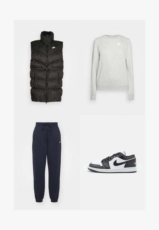 Zwarte puffer vest met hoge kraag, ritssluiting en een contrasterend geruit onderdeel. Nike-logo op de bovenste linkerzijde. Structuurmateriaal.; Grijze sweatshirt van een katoenmix, met een ronde hals, geribbelde mouwen en een klein wit Nike-logo op de linkerkant van de borst. Eenvoudig ontwerp.; Nike trainingsbroeken in marineblauw, gemaakt van zacht materiaal. Voorzien van een elastische tailleband met trekkoord en aangesloten enkels. Kleine witte logo-accent.; Zwart-witte Nike lage sneakers hebben een glad leren bovenwerk, een ronde neus, vetersluiting en een gestippelde rubberen zool.