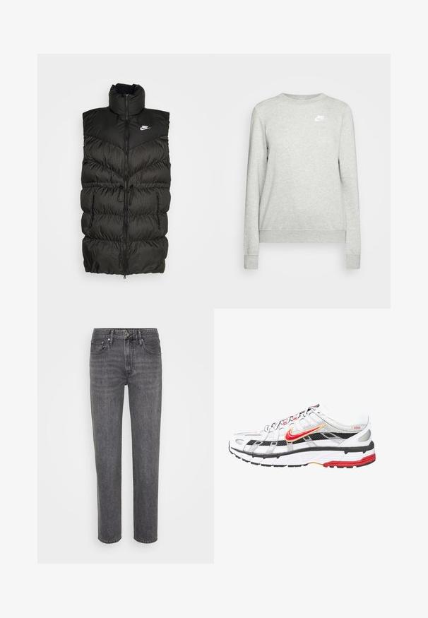 Mustapohjaista puhallettua liiviä, jossa on korkea kaulus, vetoketjusuljenta ja kontrastivärinen ruutukuvioitu alaosa. Nike-logo vasemmassa yläkulmassa. Rakenne on teksturoitu.; Harmaa huppari, joka on valmistettu puuvillaseoksesta. Siinä on pyöreä kaula-aukko, ribbireunat ja pieni valkoinen Nike-logo vasemmalla rinnassa. Yksinkertainen muotoilu.; Mustat farkut, joissa on suora lahje, klassinen viiden taskun tyyli ja nappisuljenta. Farkuissa on myös hienovaraisia haalistumia ja ompeluyksityiskohtia.; Valkoiset ja mustat urheilukengät, joissa on punaisia ja kultaisia yksityiskohtia. Ominaisuuksia ovat verkkokangas päällinen, pehmustettu pohja ja turvallinen nauhoitusdesign.