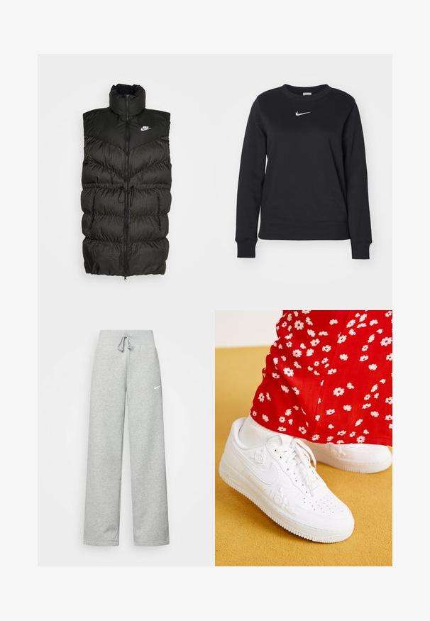 Zwarte puffer vest met hoge kraag, ritssluiting en een contrasterend geruit onderdeel. Nike-logo op de bovenste linkerzijde. Structuurmateriaal.; Zwarte sweatshirt van een katoenmix, met geribde cuffs en zoom, ronde halslijn en zilveren Nike-logo op de borst.; Grijze sweatpants met een elastische tailleband, een trekkoord-detail en een klein wit Nike-logo op de linkerdij. Zachte stof, losvallend.; Witte leren sneakers met bloemige reliëfaccenten, ronde neus en een gestructureerde rubberen zool. In combinatie met rode broek met witte bloemenprint.