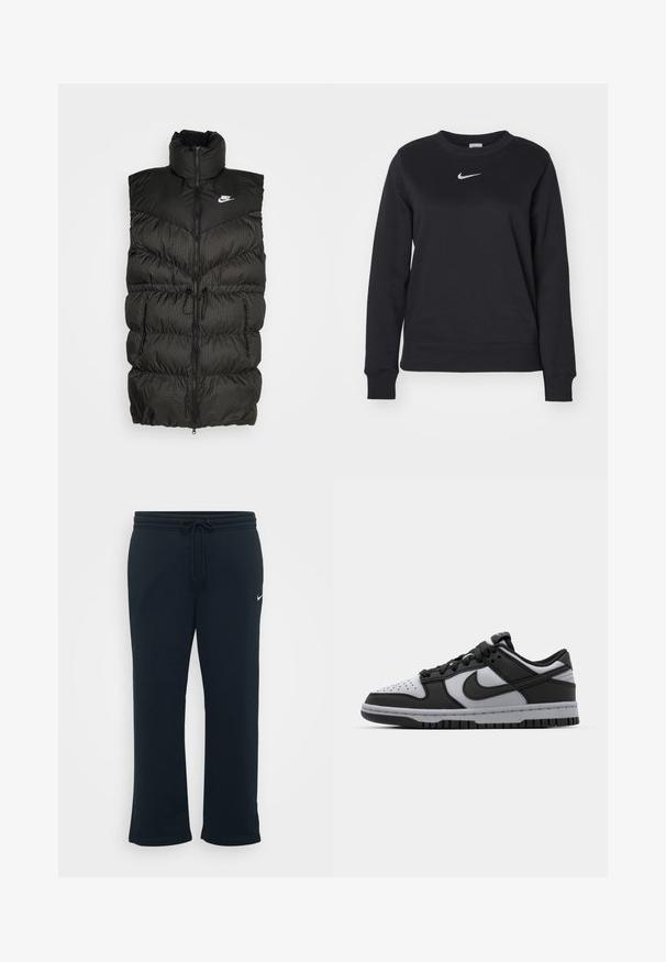 Chaleco de plumas negro con cuello alto, cierre de cremallera y una sección inferior a cuadros en contraste. Logo de Nike en la parte superior izquierda. Material texturizado.; Sudadera negra de mezcla de algodón, con puños y dobladillo acanalados, escote redondo y logo plateado de Nike en el pecho.; Pantalones de chándal negros con cintura elástica y cordón ajustable. Presenta un pequeño logo blanco de Nike en el lado izquierdo. Textura de tela suave.; Zapatillas bajas Nike Dunk en negro y gris, con punta perforada, detalles en cuero liso y suela de goma que presenta un patrón de tracción texturizado.