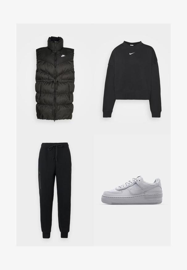 Schwarze Steppweste mit hohem Kragen, Reißverschluss und einem kontrastierenden karierten unteren Abschnitt. Nike-Logo auf der oberen linken Seite. Texturiertes Material.; Nike Sportswear W NSW CLCTN CREW FLC - Sweatshirt - black; Schwarze Sweatpants mit einem Kordelzugbund, seitlichem Reißverschlusstaschen und schmal zulaufenden Säumen. Hergestellt aus weichem, strukturiertem Stoff.; Graue Nike Air Force 1 Sneaker mit perforierter Zehenpartie, Obermaterial aus glattem Leder, dicker Sohle und geprägtem 'AIR'-Detail an der Ferse.