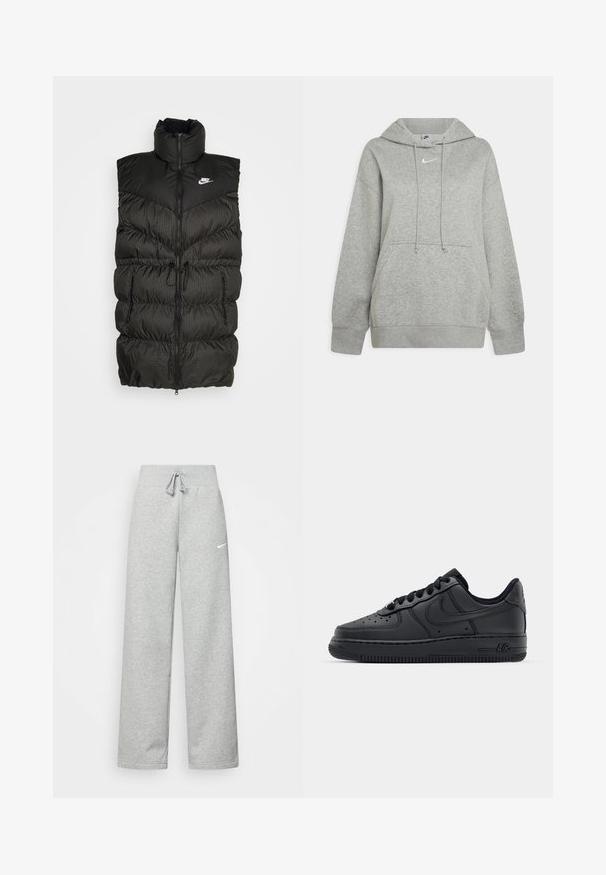 Gilet doudoune noir avec un col haut, une fermeture éclair et une section inférieure à carreaux contrastée. Logo Nike en haut à gauche. Matériau texturé.; Sweat-shirt à capuche gris en tissu doux, avec une poche frontale, des cordons de serrage ajustables et un petit logo blanc sur la poitrine.; Pantalon de survêtement gris avec une taille élastique, un détail de cordon de serrage et un petit logo Nike blanc sur la cuisse gauche. Tissu doux, coupe ample.; Baskets en cuir noir avec boîte à orteils perforée, lacets plats et semelle en caoutchouc. Présente un petit logo sur le côté et des détails texturés.