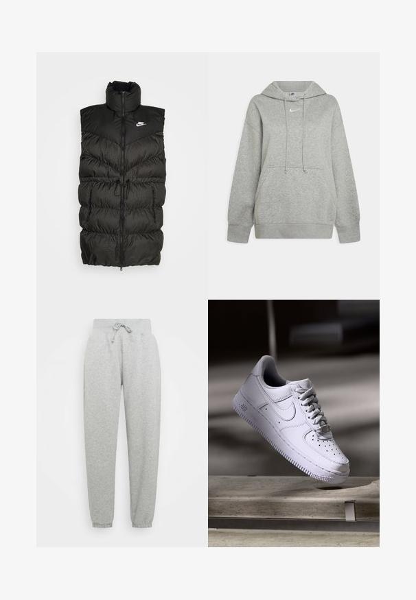 Sort puffer vest med høj krave, lynlås-lukning og en kontrasterende ternet nederste sektion. Nike-logo på øvre venstre side. Struktureret materiale.; Grå hættebluse lavet af blødt stof, med en frontlomme, justerbare snore og et lille hvidt logo på brystet.; Grå sweatpants med elastisk talje, justerbar snøre og ribbede manchetter. Lavet af blødt stof; har to sidelommer.; Hvid Nike Air Force 1 sneaker svævende over en betonoverflade med skygger i et minimalistisk miljø.