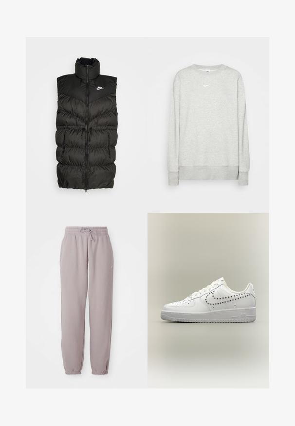 Sort puffer vest med høj krave, lynlås-lukning og en kontrasterende ternet nederste sektion. Nike-logo på øvre venstre side. Struktureret materiale.; Lys grå crewneck sweatshirt lavet af blød stof, med et lille hvidt Nike-logo på brystet samt ribbede manchetter og kant.; Lys mauve fleece sweatpants med elastisk talje, snor, sidelommer og elastiske manchetter, vist fladt mod en hvid baggrund.; Hvid lavtop-sneaker med perforeret Nike-swoosh-design på siden, hvide snørebånd og tekstureret sål på en neutral baggrund.