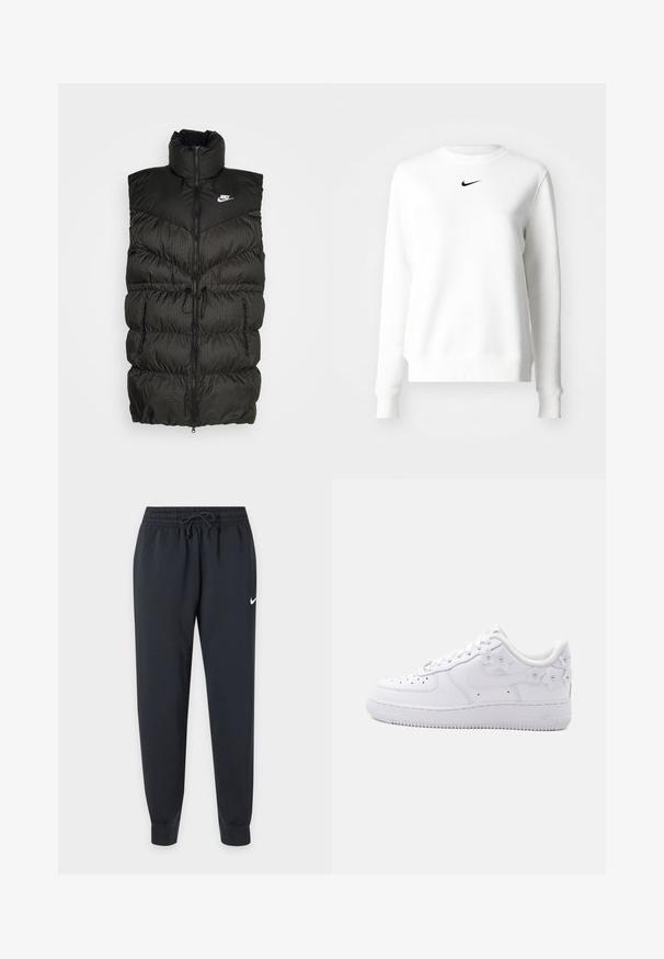 Chaleco de plumas negro con cuello alto, cierre de cremallera y una sección inferior a cuadros en contraste. Logo de Nike en la parte superior izquierda. Material texturizado.; Sudadera blanca de tejido suave con cuello y puños acanalados. Presenta un pequeño logo negro de Nike centrado en el pecho.; Pantalones de chándal negros Nike con cinturilla elástica y cordón, piernas ajustadas, tobillos con puños y pequeño logo blanco de Nike en el muslo derecho.; Zapatilla blanca de caña baja con puntera perforada, logo Nike y detalles decorativos florales blancos en el talón y el lateral.