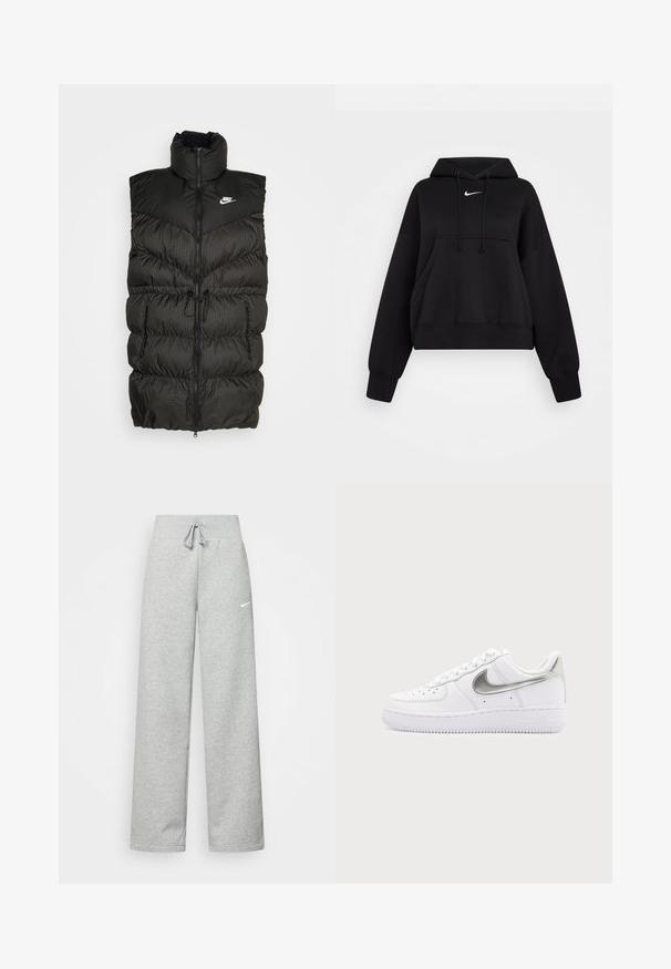 Gilet doudoune noir avec un col haut, une fermeture éclair et une section inférieure à carreaux contrastée. Logo Nike en haut à gauche. Matériau texturé.; Hoodie noir court en tissu doux, avec une capuche à cordon, poche kangourou avant et un petit logo Nike blanc sur la poitrine.; Pantalon de survêtement gris avec une taille élastique, un détail de cordon de serrage et un petit logo Nike blanc sur la cuisse gauche. Tissu doux, coupe ample.; Baskets basses blanches avec le swoosh Nike argent métallisé et des lacets blancs sur un fond gris clair uni.