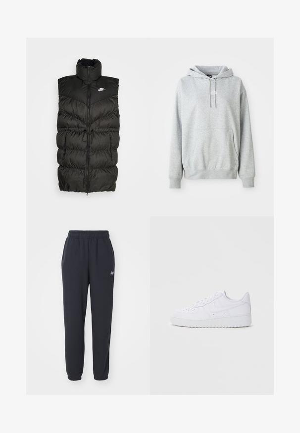 Chaleco de plumas negro con cuello alto, cierre de cremallera y una sección inferior a cuadros en contraste. Logo de Nike en la parte superior izquierda. Material texturizado.; Sudadera gris clara con bolsillo tipo canguro en el frente, capucha con cordón, puños acanalados y pequeño logo blanco de "The North Face" en el pecho.; Pantalones deportivos negros con una cinturilla elástica, dos bolsillos laterales y un pequeño logotipo blanco en la cadera izquierda. Fabricados con una tela suave de textura lisa.; Zapatillas Nike Air Force 1 blancas con parte superior de cuero, puntera redonda, cierre de cordones, cuello acolchado y suela de goma texturizada.