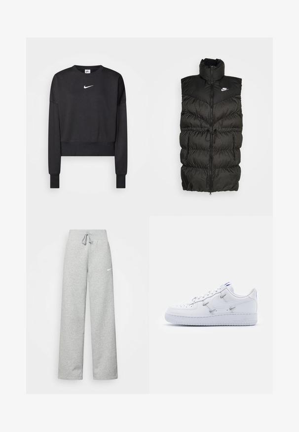Sort puffer vest med høj krave, lynlås-lukning og en kontrasterende ternet nederste sektion. Nike-logo på øvre venstre side. Struktureret materiale.; Sort cropped sweatshirt lavet af en blanding af bomuld, med rund halsudskæring, lange ærmer og et hvidt Nike-logo på brystet.; Grå sweatpants med elastisk talje, snor detaljer og et lille hvidt Nike-logo på venstre lår. Blødt stof, løs pasform.; Nike Sportswear AIR FORCE 1 - Sneakers - white/hyper royal/black