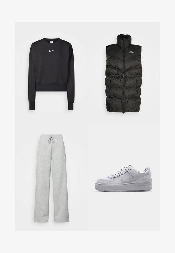 Schwarze Steppweste mit hohem Kragen, Reißverschluss und einem kontrastierenden karierten unteren Abschnitt. Nike-Logo auf der oberen linken Seite. Texturiertes Material.; Schwarzer, verkürzter Sweatshirt aus Baumwollmischung mit Rundhalsausschnitt, langen Ärmeln und einem weißen Nike-Logo auf der Brust.; Graue Jogginghose mit elastischem Bund, Kordelzug und kleinem weißen Nike-Logo am linken Oberschenkel. Weicher Stoff, locker sitzend.; Graue Nike Air Force 1 Sneaker mit perforierter Zehenpartie, Obermaterial aus glattem Leder, dicker Sohle und geprägtem 'AIR'-Detail an der Ferse.