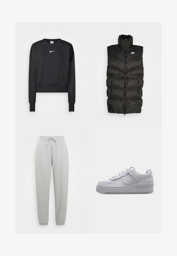 Zwarte puffer vest met hoge kraag, ritssluiting en een contrasterend geruit onderdeel. Nike-logo op de bovenste linkerzijde. Structuurmateriaal.; Zwarte cropped sweatshirt van een katoenmix, met een ronde halslijn, lange mouwen en een wit Nike-logo op de borst.; Grijze sweatpants met elastische tailleband, verstelbare trekkoord en geribbelde manchetten. Gemaakt van zachte stof; heeft twee zijzakken.; Grijze Nike Air Force 1 sneaker met geperforeerde neus, glad leren bovenwerk, dikke zool en verhoogde 'AIR' details op de hiel.