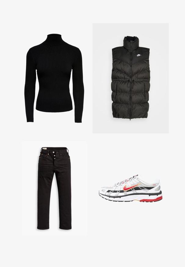 Gilet doudoune noir avec un col haut, une fermeture éclair et une section inférieure à carreaux contrastée. Logo Nike en haut à gauche. Matériau texturé.; Pull noir en maille côtelée à col roulé, avec des manches longues, au design ajusté et à la texture lisse. Doté d'un col haut et de manches resserrées.; Jean noir à jambe droite avec fermeture à boutons, poches avant et arrière, et détails en rivets cuivrés sur fond blanc.; Chaussures de sport blanches et noires avec des accents rouges et dorés. Elles possèdent une tige en mesh, une semelle rembourrée et un design de laçage sécurisé.