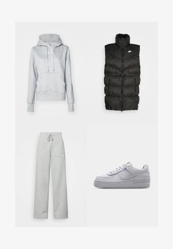 Sort puffer vest med høj krave, lynlås-lukning og en kontrasterende ternet nederste sektion. Nike-logo på øvre venstre side. Struktureret materiale.; Grå pullover-hoodie med snøre i hætten, frontlomme og ribbehænder. Har en lille hvid Nike-logo på brystet.; Grå sweatpants med elastisk talje, snor detaljer og et lille hvidt Nike-logo på venstre lår. Blødt stof, løs pasform.; Grå Nike Air Force 1 sneakers med perforeret tå, glat læderoverdel, tyk sål og præget 'AIR' detalje på hælen.