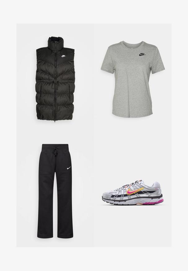 Chaleco de plumas negro con cuello alto, cierre de cremallera y una sección inferior a cuadros en contraste. Logo de Nike en la parte superior izquierda. Material texturizado.; Camiseta de algodón gris con mangas cortas, cuello redondo y un logo negro de Nike en la parte superior izquierda del pecho. Textura suave y diseño casual.; Pantalones de chándal negros hechos de una mezcla de algodón, con una cintura elástica ajustable, piernas rectas y un logo blanco de Nike en el lado izquierdo.; Zapatilla de running de malla gris con un distintivo swoosh en rosa y amarillo, acentos negros y una suela de goma texturizada. Cuenta con una puntera reforzada y un collar acolchado.