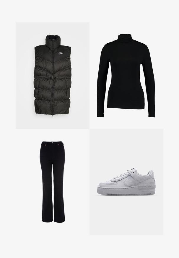 Schwarze Steppweste mit hohem Kragen, Reißverschluss und einem kontrastierenden karierten unteren Abschnitt. Nike-Logo auf der oberen linken Seite. Texturiertes Material.; Schwarzes Langarm-Turtleneck-Top aus glattem Stoff, mit taillierter Passform und hohem Kragen, geeignet zum Layering oder als eigenständiges Kleidungsstück.; Schwarze, hoch taillierte Hose mit geradem Bein, Knopf- und Reißverschluss, Gürtelschlaufen und Vordertaschen.; Graue Nike Air Force 1 Sneaker mit perforierter Zehenpartie, Obermaterial aus glattem Leder, dicker Sohle und geprägtem 'AIR'-Detail an der Ferse.