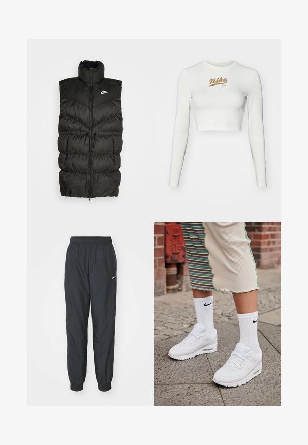 Schwarze Steppweste mit hohem Kragen, Reißverschluss und einem kontrastierenden karierten unteren Abschnitt. Nike-Logo auf der oberen linken Seite. Texturiertes Material.; Weißes, langärmliges Crop-Top aus glattem Stoff, mit einem goldenen Nike-Logo-Print auf der Brust und einem klassischen Rundhalsausschnitt.; Schwarze Nike Jogginghosen aus leichtem Material, mit elastischem Bund und Bündchen, versehen mit einem kleinen weißen Logo am linken Bein.; Weiße Nike Air Max 90 Sneakers mit Obermaterial aus Mesh und Leder, ausgestattet mit einer sichtbaren Air-Einheit, kombiniert mit weißen gerippten Socken mit schwarzem Logo.