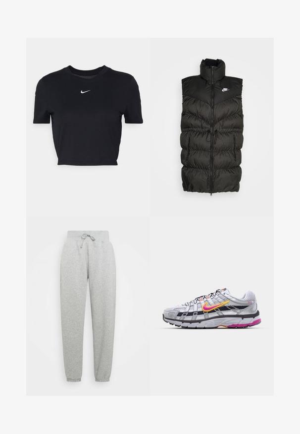 Zwarte puffer vest met hoge kraag, ritssluiting en een contrasterend geruit onderdeel. Nike-logo op de bovenste linkerzijde. Structuurmateriaal.; Nike Sportswear T-shirt basic - black; Grijze sweatpants met elastische tailleband, verstelbare trekkoord en geribbelde manchetten. Gemaakt van zachte stof; heeft twee zijzakken.; Grijze mesh hardloopschoen met een opvallende roze en gele swoosh, zwarte accenten en een gestructureerde rubberen zool. Kenmerkt zich door een verstevigde neus en een gevoerde kraag.