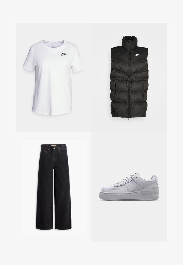 Chaleco de plumas negro con cuello alto, cierre de cremallera y una sección inferior a cuadros en contraste. Logo de Nike en la parte superior izquierda. Material texturizado.; Camiseta de algodón blanca con cuello redondo y mangas cortas. Presenta un logotipo negro de Nike en la parte superior izquierda del pecho.; Jeans de pierna ancha negros hechos de denim, con cinco bolsillos, remaches de cobre y un cierre clásico de botón. Textura suave con un diseño limpio.; Zapatilla Nike Air Force 1 gris con puntera perforada, parte superior de cuero suave, suela gruesa y detalle en relieve 'AIR' en el talón.