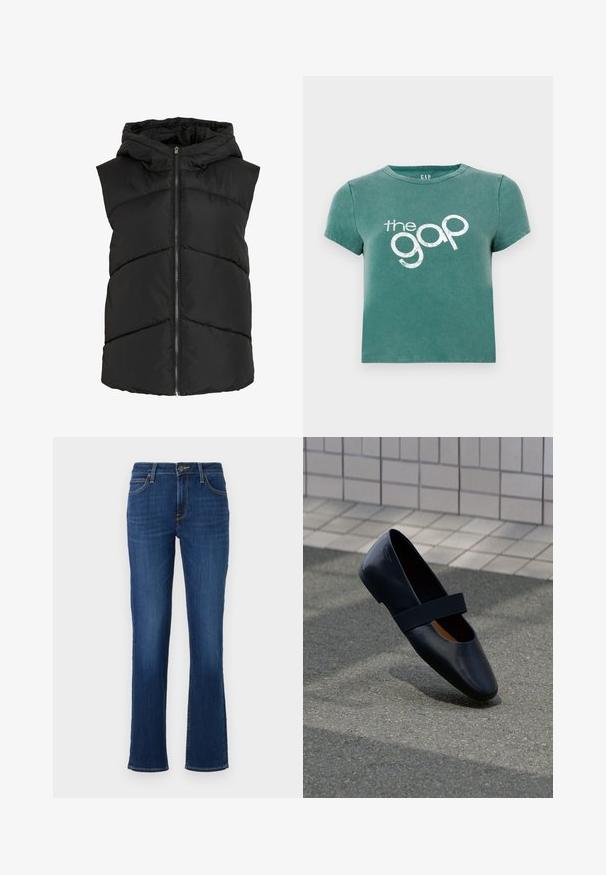Veste sans manches noire matelassée avec capuche, présentant des surpiqûres en zigzag et une fermeture éclair à l'avant. Texture douce et matelassée. Conception légère.; T-shirt vert à manches courtes en coton, arborant un logo imprimé blanc "the gap" sur le devant. Design court avec un col rond.; Jean droit bleu marine avec poches avant, passants de ceinture, fermeture à bouton et coutures visibles sur fond blanc.; Chaussure plate en cuir noir avec un bout arrondi, dotée d'une douce sangle élastique noire sur le cou-de-pied. Texture lisse et design minimaliste.