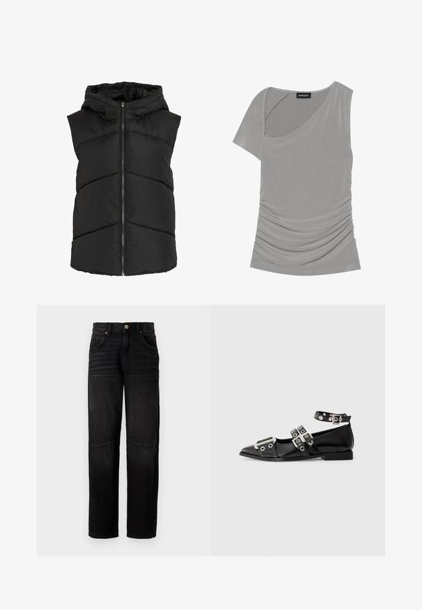Chaleco acolchado sin mangas negro con capucha, con costuras en zigzag y cierre frontal con cremallera. Textura suave y acolchada. Diseño ligero.; Top gris de manga corta con diseño asimétrico, textura fruncida en el costado y cuello redondo. Hecho de material suave y elástico.; Vaqueros de denim negro con corte recto, estilo de cinco bolsillos, cierre de botón y sutil desgaste en los muslos y las rodillas.; Zapato plano negro de punta afilada con tres correas plateadas con hebillas, correas en el tobillo con ojales y detalles metálicos en la zona de los dedos.