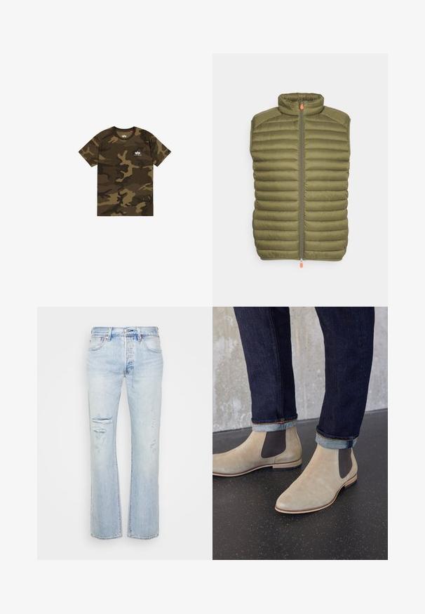 Save the duck ADAM - Vest - dusty olive; Kamo t-särk oliivrohelises, pruunis ja mustas, lühikeste varrukatega, ümar kaelus, rinnal väike valge logo. Pehmet puuvillast materjali.; Heledad sinine teksapüksid otse lõikega, millel on kulumisjälgedega laigud ja piettud ääred. Õrn hägustumine ja klassikalised riistvarasümbolid.; Heledat beeži seemisõrmikud tume elastsete küljeosadega, kantud tumedate ülesrullitud teksadega mustal laikudega põrandal.