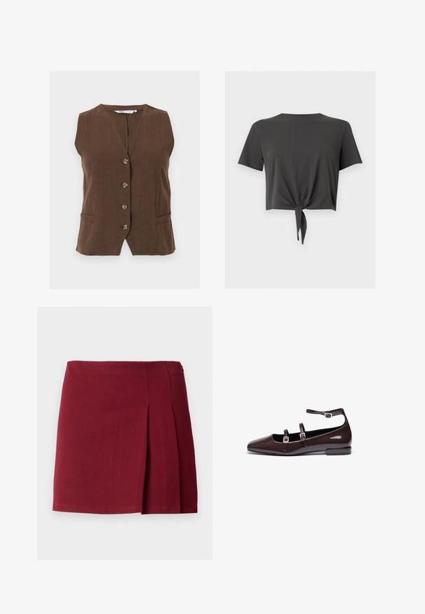 Brun ærmeløs knapvest med V-udskæring og to sidelommer, lavet af tekstureret stof.; Mørkegrå kortærmet cropped t-shirt med rund halsudskæring og knude foran ved kanten.; Bordeaux plisseret miniskørt med en glat overflade, tætsiddende talje og lynlås i siden. Simple, minimalistisk design uden mønstre.; Brune patentlæder flade sko med spids tå, der har to justerbare stropper og sølvspænder samt en lav, firkantet hæl.