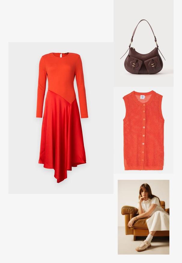 Oranje, mouwloze gebreide vest met een gaasontwerp, voorzien van een ronde halslijn en zes contrasterende knopen aan de voorkant.; Rode jurk met lange mouwen, een ronde hals en een sleutelgat achter. Kenmerkt een gladde top en een asymmetrische satijnen rok met een vloeiende afwerking.; Vrouw met bruin haar, die een wit gebreid topje, witte rok en beige sneakers draagt, zit op een bruine leren fauteuil en steunt haar kin op haar hand.; Donkerbruine leren schoudertas met twee voorvakken met klep en goudkleurige hardware, met een gebogen bovenrits en verstelbare schouderband.