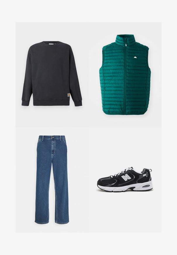 Gilet rembourré bleu sarcelle avec un col haut, un devant zippé et un design matelassé horizontal. Présente un petit logo blanc en haut à gauche.; Sweatshirt à col rond gris foncé avec des poignets et un ourlet côtelés. Présente une petite étiquette logo tissée sur le bas du côté gauche. Matériau en coton, texture lisse.; Jean en denim bleu avec une coupe droite, un design à cinq poches, fermeture à bouton métallique et coutures visibles le long des coutures et de l'ourlet.; Baskets de sport noires et grises avec un tige en mesh et en suède, présentant une semelle intermédiaire blanche, des lacets et un logo "N" audacieux sur le côté.