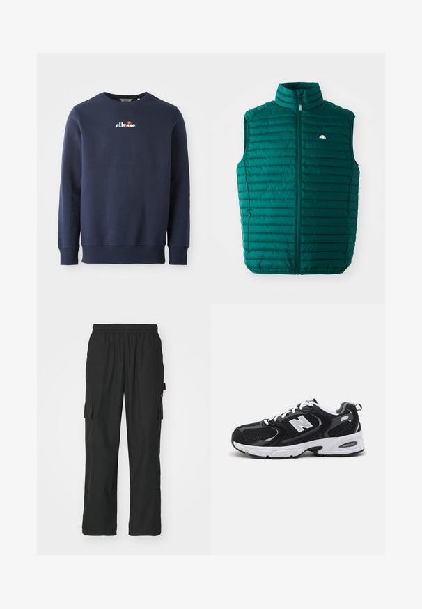 Teal puffer vest med høj krave, lynlåslukning foran og vandret quiltet design. Har et lille hvidt logo øverst til venstre.; Marineblå sweatshirt lavet af et blødt stof, med rund hals og ribbede manchetter. Brolagt "ellesse"-logo med farvede akcenter.; Sorte cargo bukser lavet af letvægtsstof, med to sidelommer, elastisk talje og en afslappet pasform.; Sorte og grå sportssko med mesh og ruskind på overdelen, der har en hvid mellemsål, snørebånd og et iøjnefaldende "N" logo på siden.