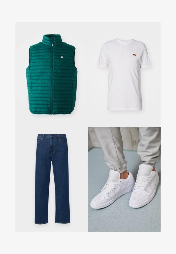 Teal puffer vest med høj krave, lynlåslukning foran og vandret quiltet design. Har et lille hvidt logo øverst til venstre.; Hvid bomulds t-shirt med korte ærmer og rund halsudskæring. Har et lille farverigt logo på venstre brystområde. Blød tekstur.; Mørkeblå straight-leg denim jeans med forhåndslommer og knaplukning, vist på en ensfarvet hvid baggrund.; Hvide lædersneakers har en perforeret tåboks, flade snørebånd, polstret krave og Jordan-logoet på tungen. Båret med grå joggers.