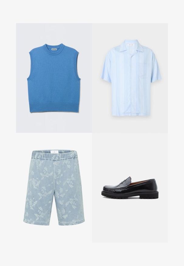 Chaleco sin mangas de punto azul con cuello redondo y bordes acanalados, extendido sobre un fondo gris claro.; Camisa azul claro de manga corta con botones, rayas verticales blancas y un bolsillo en el pecho izquierdo, mostrada sobre un fondo liso.; Pantalones cortos de mezclilla azul claro con un sutil patrón floral, cinturilla elástica y corte recto. Sin bolsillos visibles.; Mocasines de penny de cuero negro con suela de goma gruesa y costura tipo moc, presentados de perfil sobre un fondo blanco.