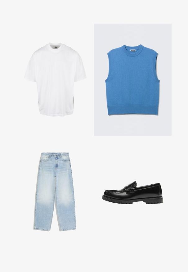 Veste-pull sans manches en tricot bleu avec col rond et bords côtelés, posée à plat sur un fond gris clair.; T-shirt en coton blanc avec une coupe décontractée, des manches courtes et un col rond, présentant un ourlet droit et sans graphiques ni motifs visibles.; Jean à jambes larges bleu clair en denim délavé. Comprend un style classique à cinq poches, une fermeture à bouton et fermeture éclair, ainsi que des détails de couture minimaux.; Mocassin en cuir noir avec une semelle en caoutchouc épaisse et un détail classique de bride à monnaie, vu de côté extérieur.