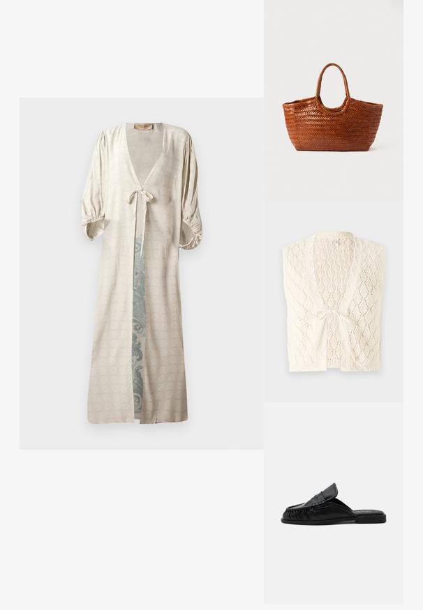 Strikket vest i off-white med et diamantmønster. Har V-hals, åben front og en båndlukning. Let og tekstureret.; Silkefin, creme kimono-stil morgenkåbe med dyb V-udskæring, bælte i taljen og puffede ærmer. Har et prydet, teal mønster indeni.; Sort læder slip-on mule med flad sål, mokkasinstil syning og en foldet tungedetalje på en ensfarvet baggrund.; Vævet brun tote bag med en bred form, flet-håndtag og en struktureret overflade. Har en rund top og et åbent indre.