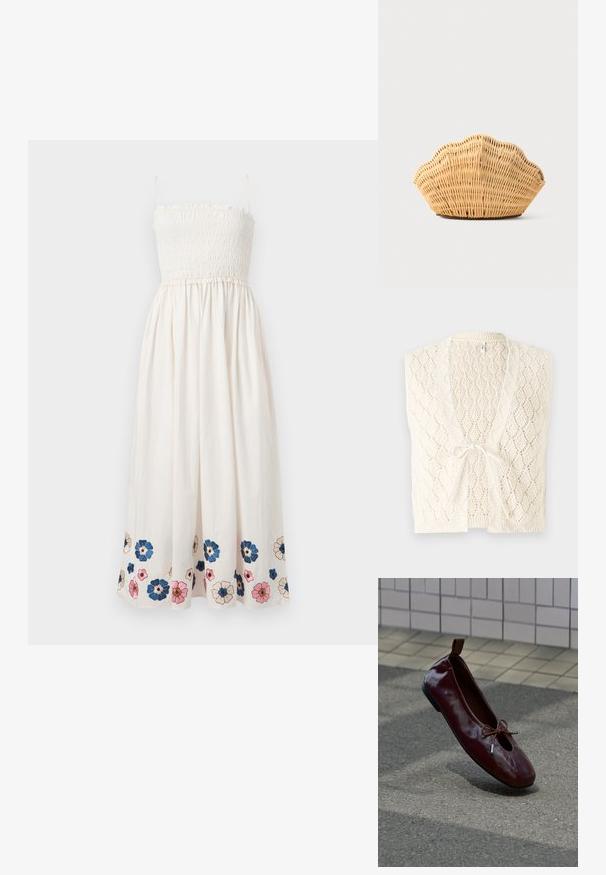 Gilet en tricot blanc cassé avec un motif en losanges. Présente un col en V, une ouverture à l'avant et une fermeture par lien. Léger et texturé.; Robe blanche sans manches avec corsage smocké et broderie florale en bleu, rose et beige le long de l'ourlet.; Chaussure plate de ballet rouge foncé brillante avec un petit nœud sur le dessus, positionnée debout sur un sol texturé près d'un mur carrelé en arrière-plan.; Sac à main en rotin tissé en forme de coquille Saint-Jacques de couleur brun clair naturel avec des bords arrondis et texturés.