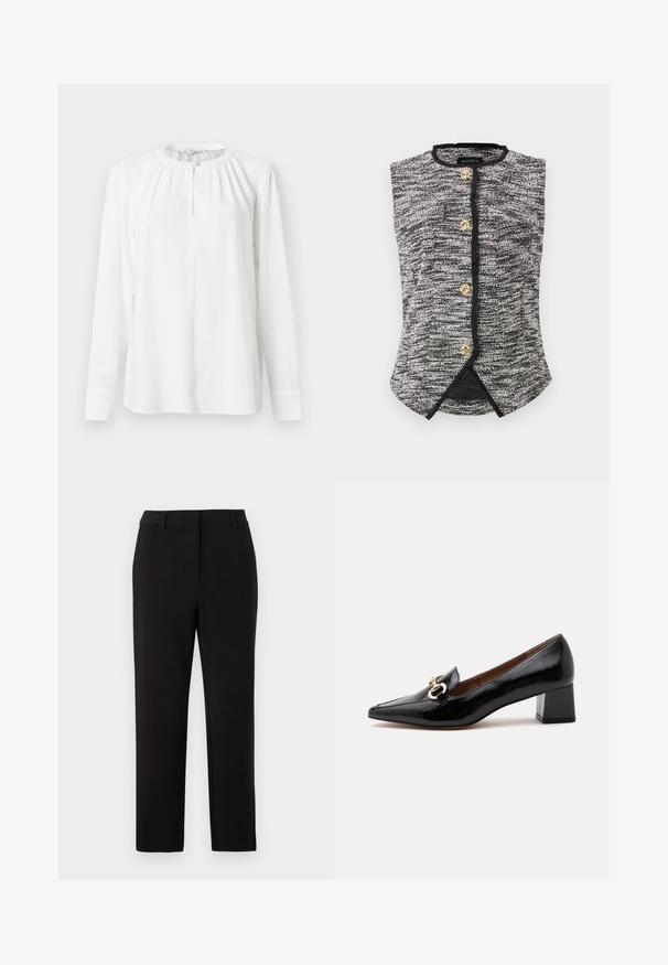 Veste sans manches texturée noire et blanche avec un col rond et quatre boutons décoratifs dorés sur le devant.; Blouse blanche à manches longues avec un col rond, des détails plissés et une fermeture à boutons sur le devant. Fabriquée en tissu léger et texturé.; Pantalons noirs ajustés avec une coupe droite, fabriqués dans un tissu lisse. Présentent une taille plate et des poches latérales.; Mocassin en cuir verni noir à petit talon bloc, détail chaîne dorée sur le dessus, bout pointu et doublure intérieure marron.
