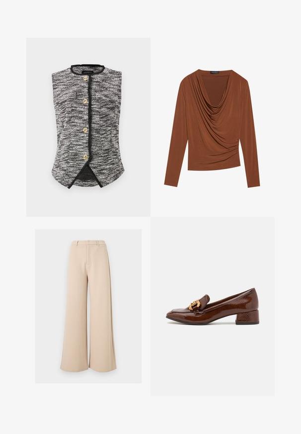 Veste sans manches texturée noire et blanche avec un col rond et quatre boutons décoratifs dorés sur le devant.; Haut à manches longues en marron foncé, avec un décolleté drapé et des détails froncés sur les côtés, fabriqué en tissu lisse et extensible.; Pantalon large beige taille haute avec passants pour ceinture et fermeture avant dissimulée sur fond blanc.; Mocassins en cuir marron avec une finition brillante, dotés d'une boucle décorative en or à l'avant et d'un talon bas. Design classique.