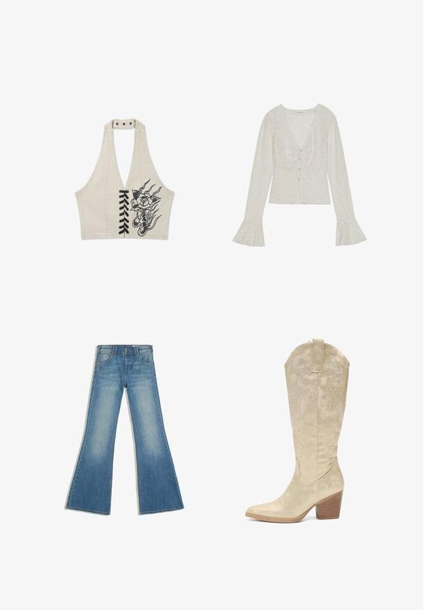 Beige halter crop top met zwarte veter aan de voorkant en zwart bloemenvlammotief aan de rechterkant.; Ivory kanten blouse met een V-hals, lange uitlopende mouwen en vijf knopen aan de voorkant. Kenmerkt zich door een bloemenpatroon en een gestructureerde stof.; Blauwe spijkerbroek met uitlopende pijpen, voorzakken en knoopsluiting, afgebeeld tegen een witte achtergrond.; Salinyang Cowboy-/Bikerlaarzen - goldfarben