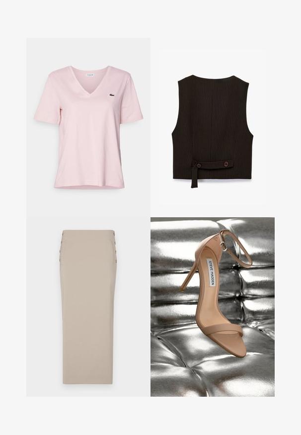 Brun stribet ærmeløs vest med en tætsiddende pasform, der har en bagbånd og to knapper, som fremhæver en glat stofstruktur.; Lys pink bomulds t-shirt med v-hals og korte ærmer, med et lille grønt broderet krokodille-logo på venstre bryst.; Beige blyantskørt lavet af glat stof, med knapper i siden, en strømlinet silhuet og uden synlige lommer eller mønstre.; Nude højhælede sandaler med ankelrem og en glat, blank overflade, sat mod en metalgrå tufted baggrund.