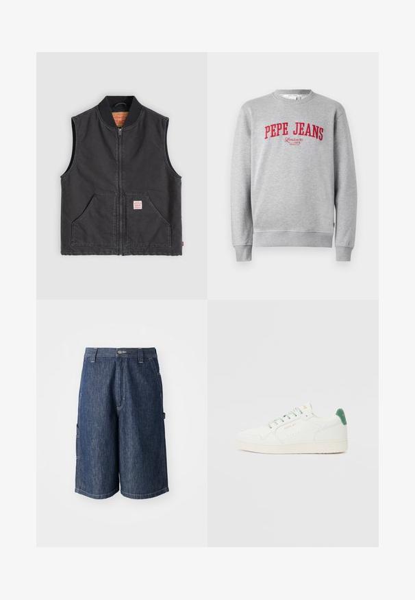 Zwarte mouwloze katoenen vest met een voorrits, geribde kraag, twee steekzakken aan de voorkant en een klein merklabel op de linkerzak.; Grijze sweatshirt met rode geborduurde "PEPE JEANS" logo en de tekst "London W1 1973" eronder, ribgebreide mouwen en zoom.; Donkerblauwe denimshorts met een rechte snit, vijf zakken en zichtbare stiksels. Voorzien van een knoopsluiting en riemlussen.; Witte leren sneaker met een lichtgroene accent op de hiel, ronde neus, vlakke zool en geperforeerd detail. Veters in bijpassende kleur.