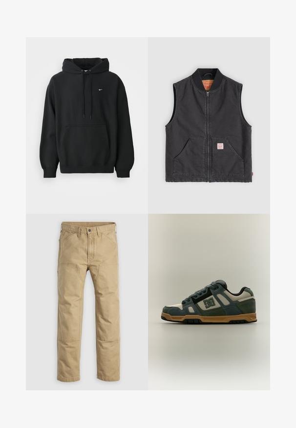 Schwarze, ärmellose Weste aus Baumwolle mit einem vorderen Reißverschluss, geripptem Kragen, zwei Fronttaschen und einem kleinen Markenlabel auf der linken Tasche.; Schwarzer Nike Hoodie mit frontale Taschen, Kordelzugkapuze, gerippten Bündchen und kleinem weißen Nike Swoosh-Logo auf der Brust.; Khakifarbene Arbeitshose aus robustem Baumwollstoff, mit geradem Bein, verstärkten Kniepolstern und mehreren Fronttaschen.; Low-Top DC Sneaker in Dunkelgrün, Beige und Schwarz mit hellbrauner Sohle und Schnürverschluss, dargestellt auf neutralem Hintergrund.